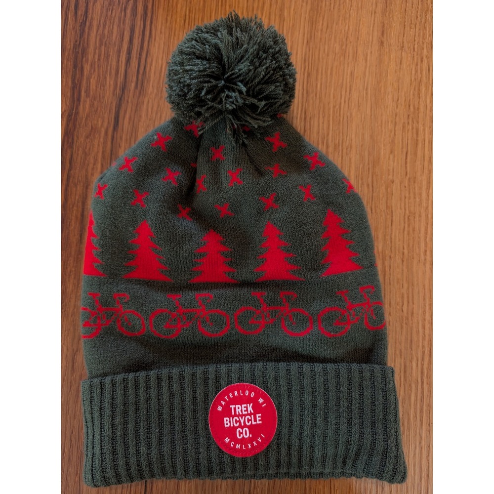 Trek Bicycle Co Pom Pom Beanie Hat Fair Isle Bikes Trees Waterloo WI Olive Green